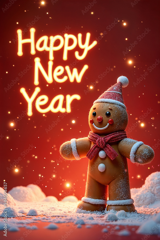 Gingerbread man standing on snow, with the phrase Happy New Year displayed above him against a starry sky background. Gingerbread man standing on snow, with the phrase Happy New Year displayed above him against a starry sky background.