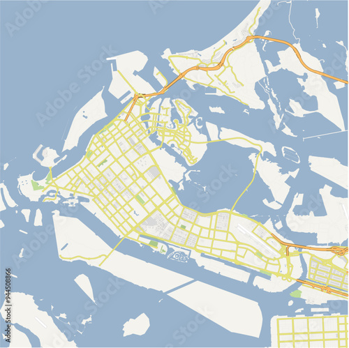 Road map of Abu Dhabi in United Arab Emirates. Contains layered vector with roads water, parks, etc.