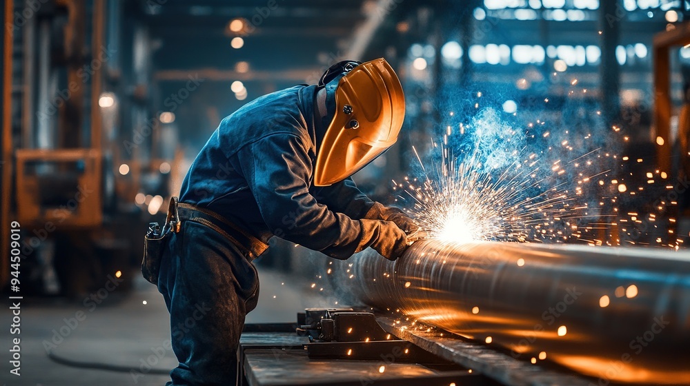 A welder in a heavy-duty workshop welding a metal pipe with sparks flying in every direction A welder in a heavy-duty workshop welding a metal pipe with sparks flying in every direction