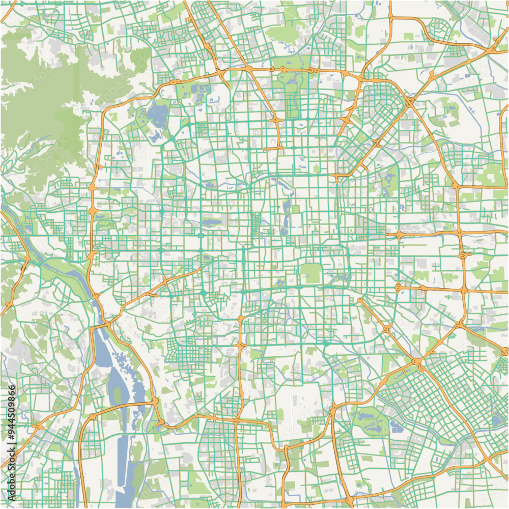 Fototapeta premium Road map of Beijing in China. Contains layered vector with roads water, parks, etc.