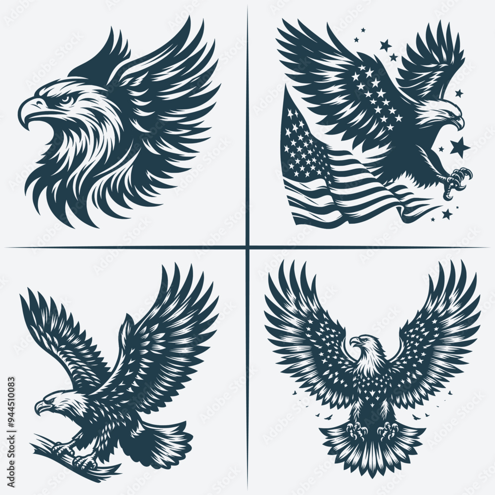 Obraz premium Eagle vector Bundle file ,Black and white Eagle silhouette file, Eagle svg vector silhouette Bundle file