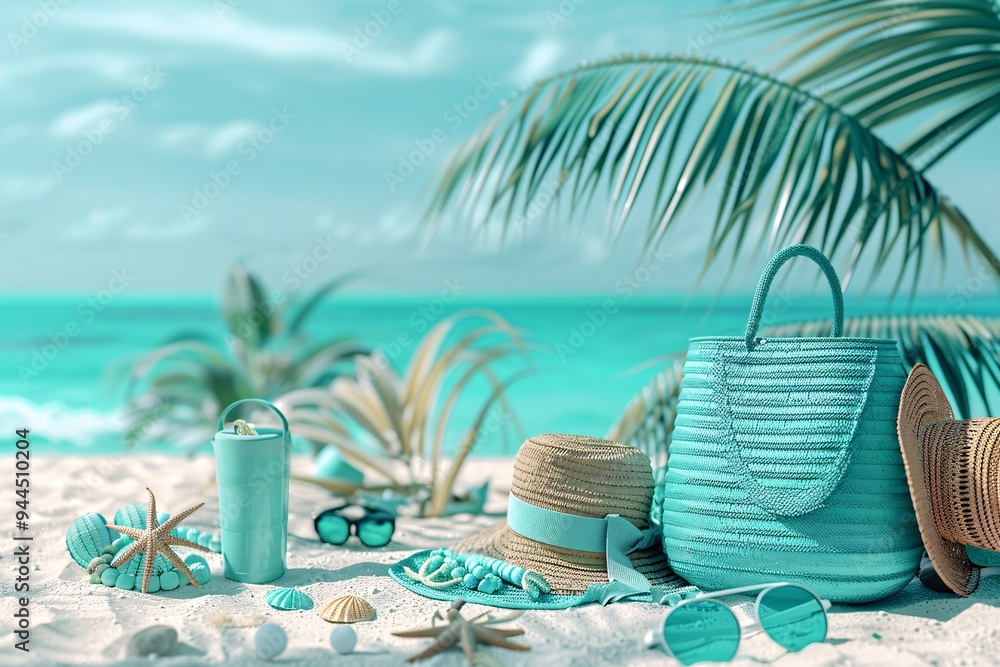 Obraz premium Straw bag and hat on the beach with blue sea and sky background. Beach scene with turquoise water, nice ocean waves, and colorful beach accessories. 