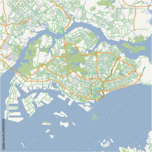 Road map of Singapore in Singapore. Contains layered vector with roads water, parks, etc.