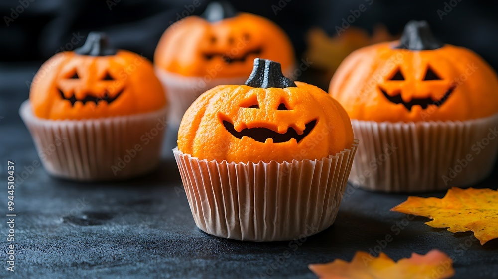 Four jack-o'-lantern cupcakes with carved faces, on dark background. Four jack-o'-lantern cupcakes with carved faces, on dark background.