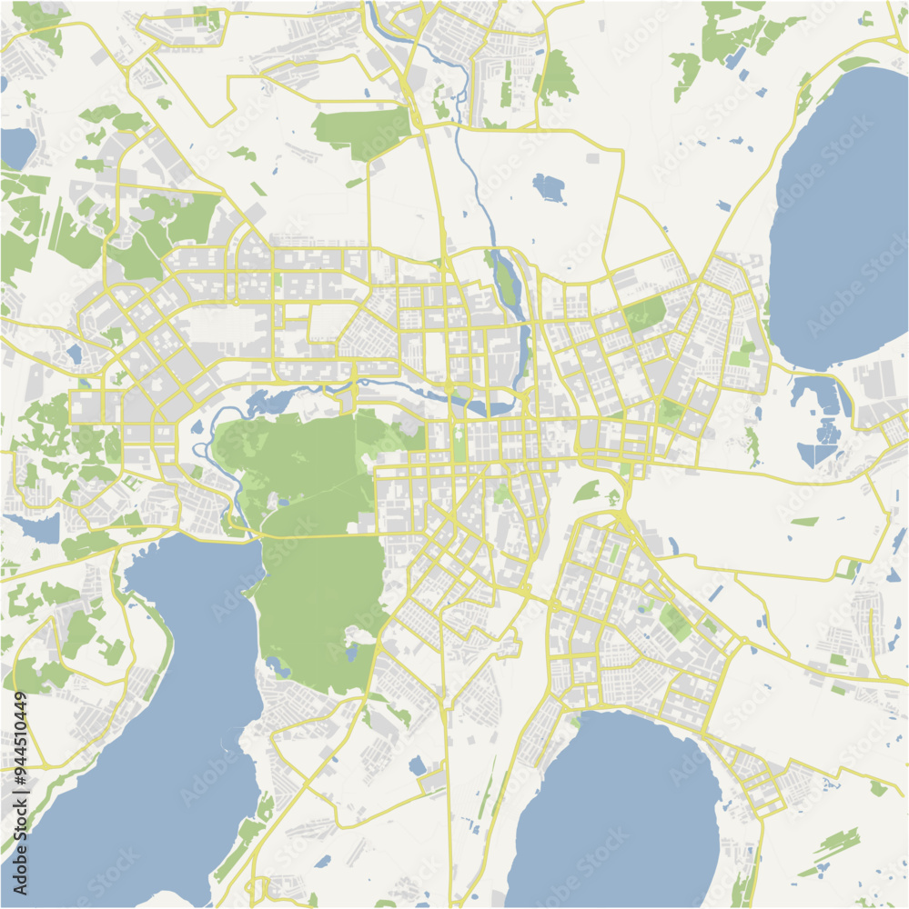 Naklejka premium Road map of Chelyabinsk in Russia. Contains layered vector with roads water, parks, etc.