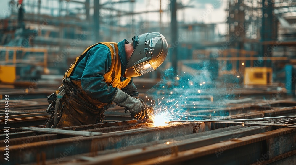 A welder in a protective helmet working on metal with sparks flying in a workshop A welder in a protective helmet working on metal with sparks flying in a workshop