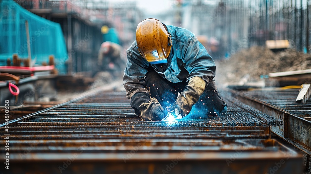 A welder in a protective helmet working on metal with sparks flying in a workshop A welder in a protective helmet working on metal with sparks flying in a workshop