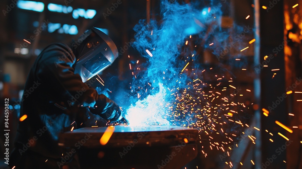 A welder in a protective helmet working on metal with sparks flying in a workshop A welder in a protective helmet working on metal with sparks flying in a workshop