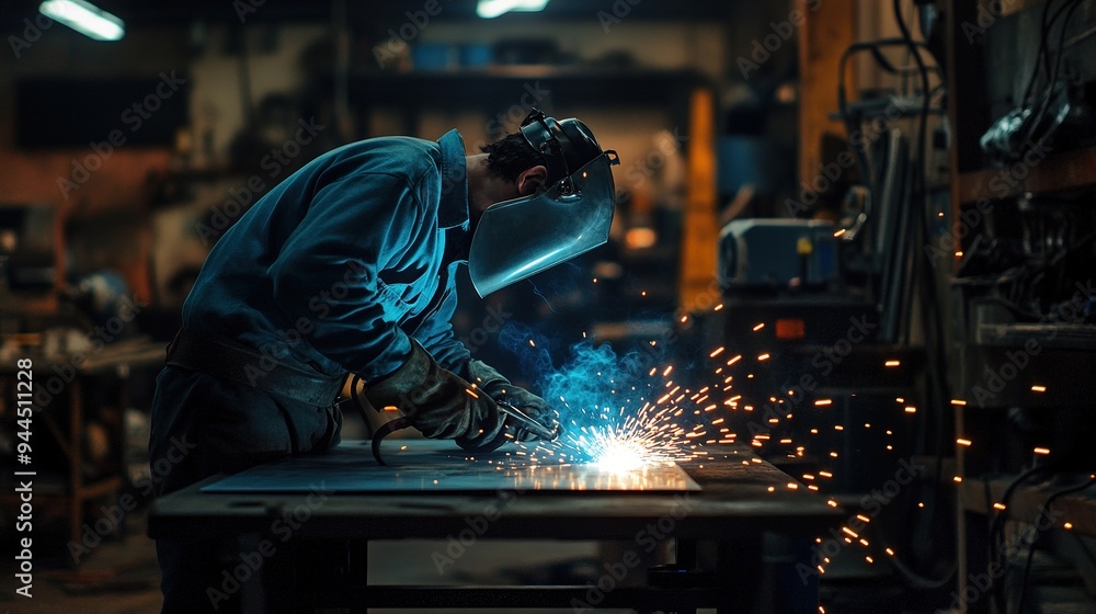 A welder in a protective helmet working on metal with sparks flying in a workshop A welder in a protective helmet working on metal with sparks flying in a workshop