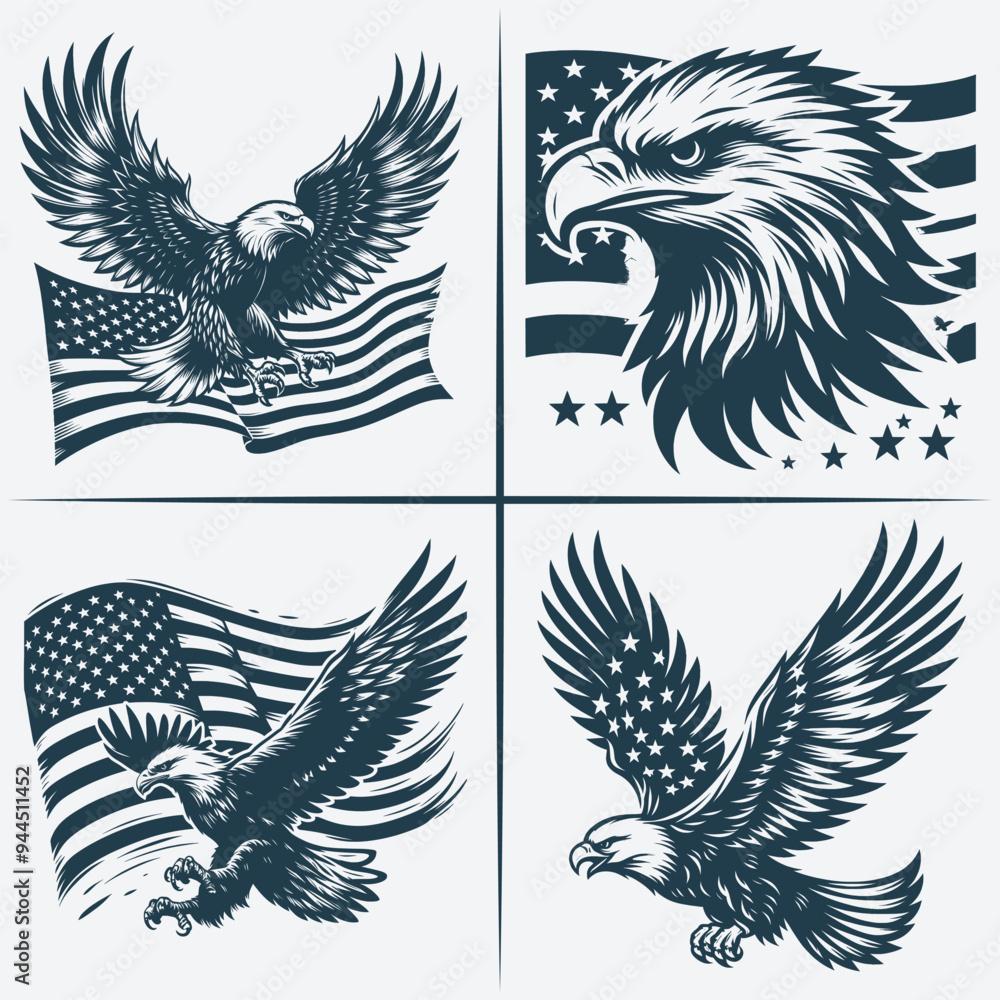 Fototapeta premium Eagle vector Bundle file ,Black and white Eagle silhouette file, Eagle svg vector silhouette Bundle file