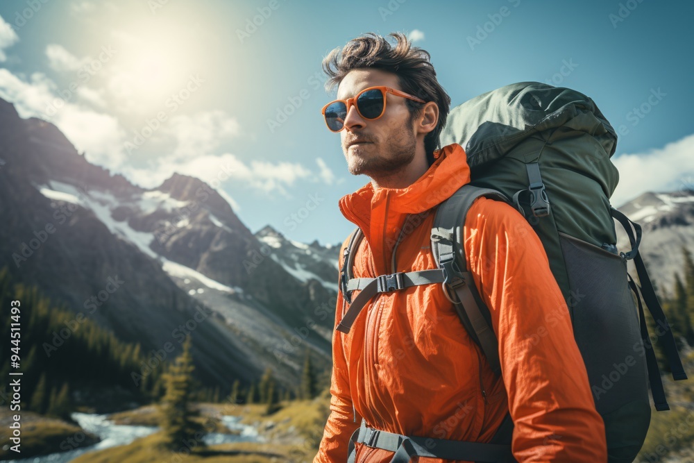 Hike in the mountains. A man with a backpack stands on top of the mountain and enjoys the view.
Hike in the mountains. A man with a backpack stands on top of the mountain and enjoys the view.
