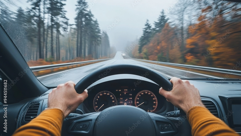 The point-of-view perspective from a driving car on a highway captures the sense of motion and travel