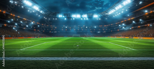 A large stadium with bright lights and green grass, full of cheering fans at night Generative AI
