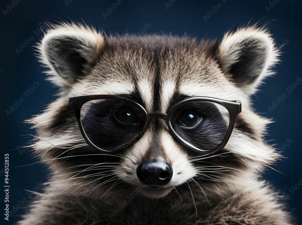 Obraz premium Raccoon in fashionable glasses in a photo studio. Vision problems. Myopia. Place for advertising text