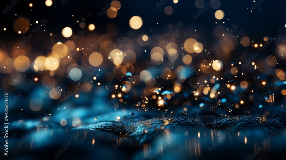 Naklejka premium Festive starry sky background with blue light bokeh. New year and Christmas concept