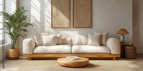 Modern living room with a beige sofa, wooden coffee table, and natural decor. Ideal for interior design, home decor businesses, or content promoting minimalist and eco-friendly lifestyles.