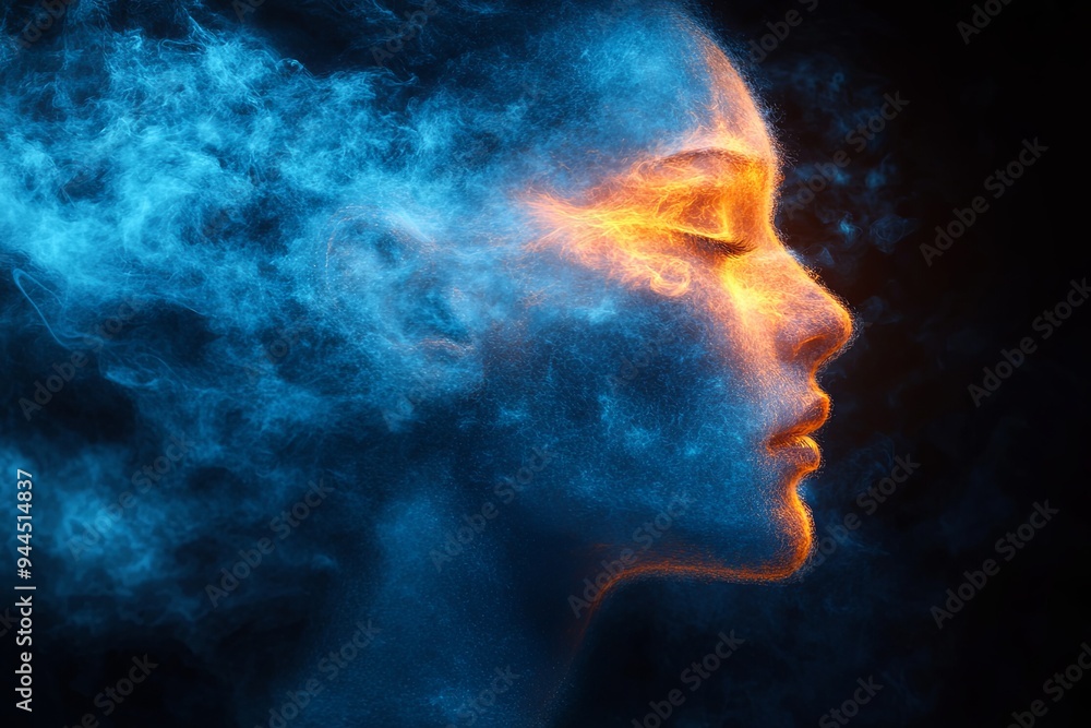 A silhouette is enveloped in vibrant blue and orange smoke, creating a captivating, emotive visual experience. Generative AI A silhouette is enveloped in vibrant blue and orange smoke, creating a captivating, emotive visual experience. Generative AI