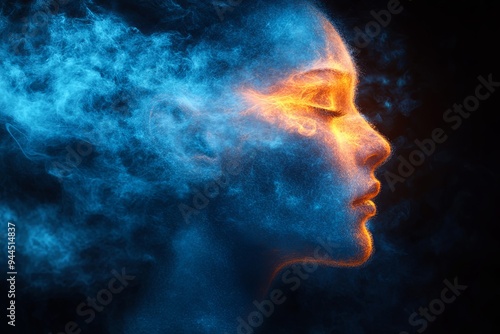 A silhouette is enveloped in vibrant blue and orange smoke, creating a captivating, emotive visual experience. Generative AI photo