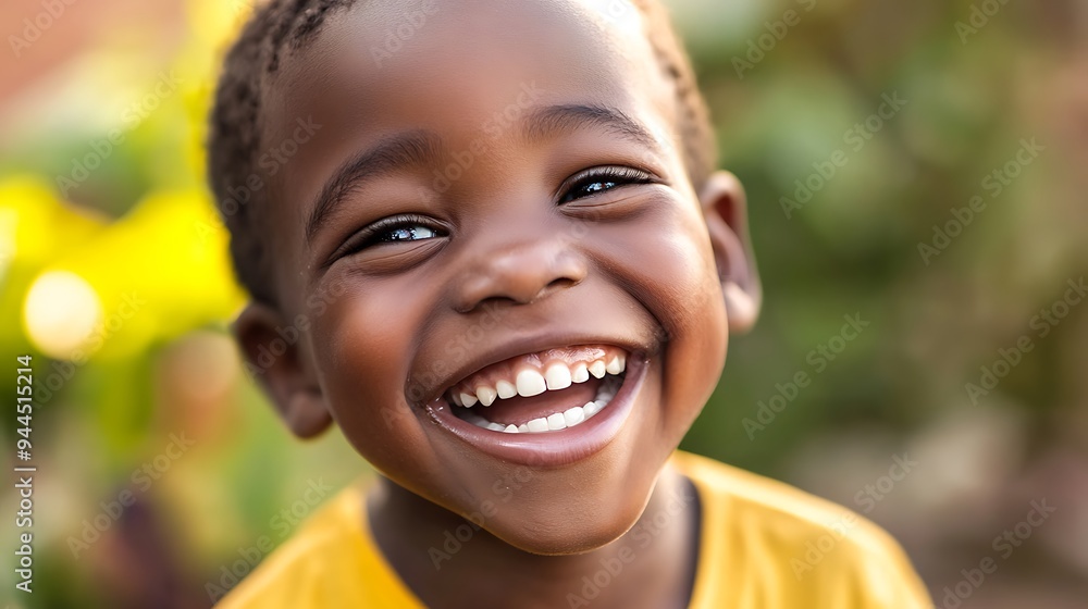 A young African boy smiles with happiness and delight. A young African boy smiles with happiness and delight.