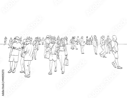 Drawing sketch style illustration of a crowd of young and old tourist walking, loitering, strolling and standing⁩ on isolated background done in black and white line art.