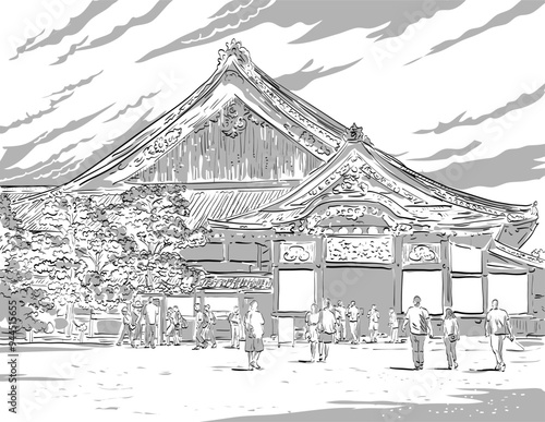 Drawing sketch style illustration of the Motorikyu or Moto-Rikyu Nijo Castle in Kyoto, Japan on isolated background done in black and white ilne art.
 photo