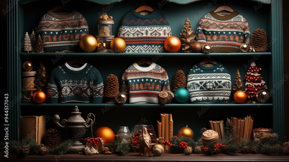 Flat lay of colorful National Ugly Christmas Sweater Day decorations Flat lay of colorful National Ugly Christmas Sweater Day decorations