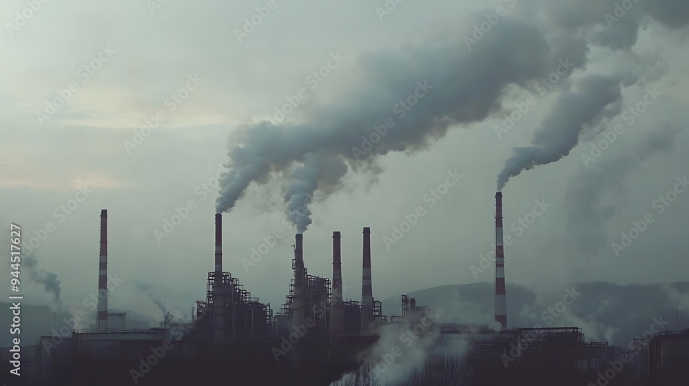Industrial smokestacks emitting plumes of smoke into a cloudy sky. Industrial smokestacks emitting plumes of smoke into a cloudy sky.