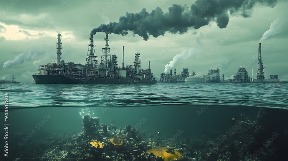 Fototapeta premium Industrial pollution darkens the ocean surface and damages the coral reef below.