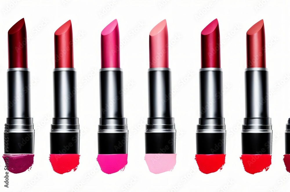 Obraz premium Lipstick sample against white background. Set of color lipsticks arranged in line isolated on white background. A rows of red, pink and wine lipstick. Set lipstick background, delicate pastel shades