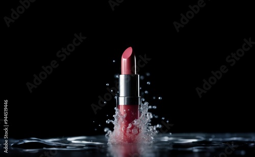 Lipstick advertising with the water splashed everywhere. Cosmetics and beauty products. Commercial advertising. Vibrant red lipstick splashing in water with droplets forming a dynamic backdrop