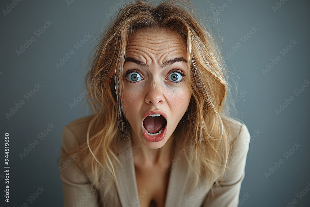 A stressed businesswoman in a suit screams in horror and panic, expressing rage and hopelessness. A stressed businesswoman in a suit screams in horror and panic, expressing rage and hopelessness.