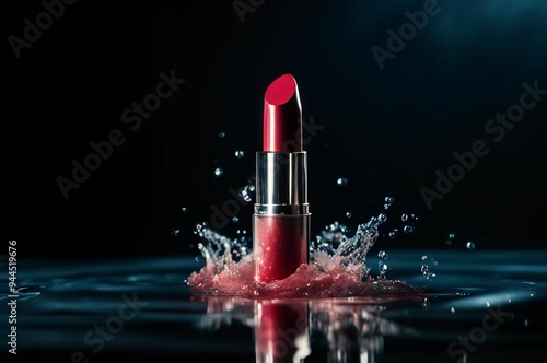 Lipstick advertising with the water splashed everywhere. Cosmetics and beauty products. Commercial advertising. Vibrant red lipstick splashing in water with droplets forming a dynamic backdrop