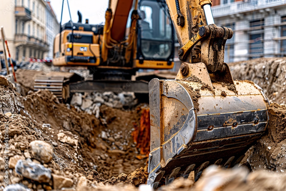 Fototapeta premium Close-up excavator bucket. On a construction site, an excavator digs a hole, the close-up excavator bucket. Excavator working on a construction site. Heavy duty construction equipment at work.