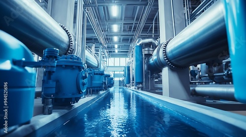 A long, narrow industrial corridor with a water channel running down the center, surrounded by pipes and machinery. photo