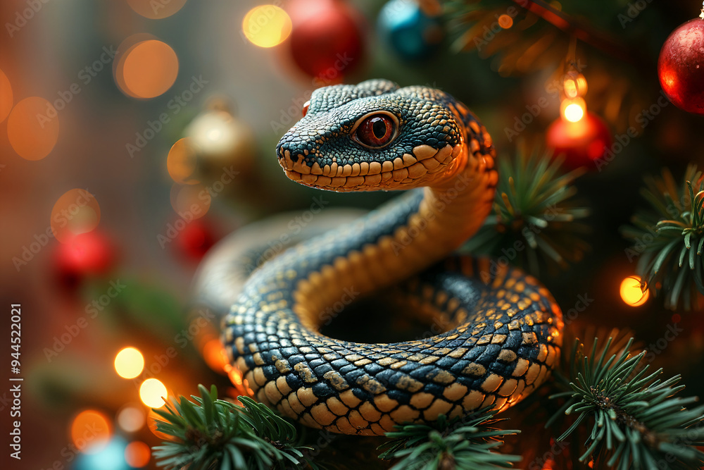 Snake with scales, coiled around a branch of a Christmas tree adorned with ornaments and lights. Snake with scales, coiled around a branch of a Christmas tree adorned with ornaments and lights.