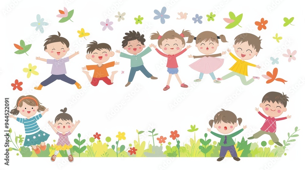 Happy Children Jumping in a Garden with Flowers. Happy Children Jumping in a Garden with Flowers.