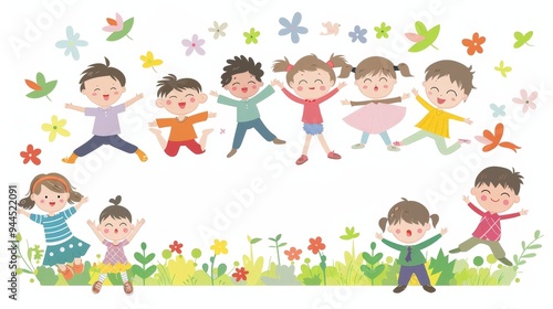 Happy Children Jumping in a Garden with Flowers.