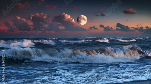 Moon and sunset over sea and ocean. Night view. Moon and sunset backgorund. Full moon rising over ocean