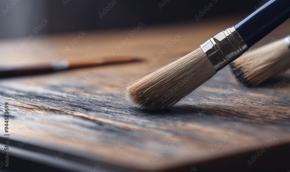 A paintbrush rests on a wooden surface, with its bristles touching the grain of the wood A paintbrush rests on a wooden surface, with its bristles touching the grain of the wood