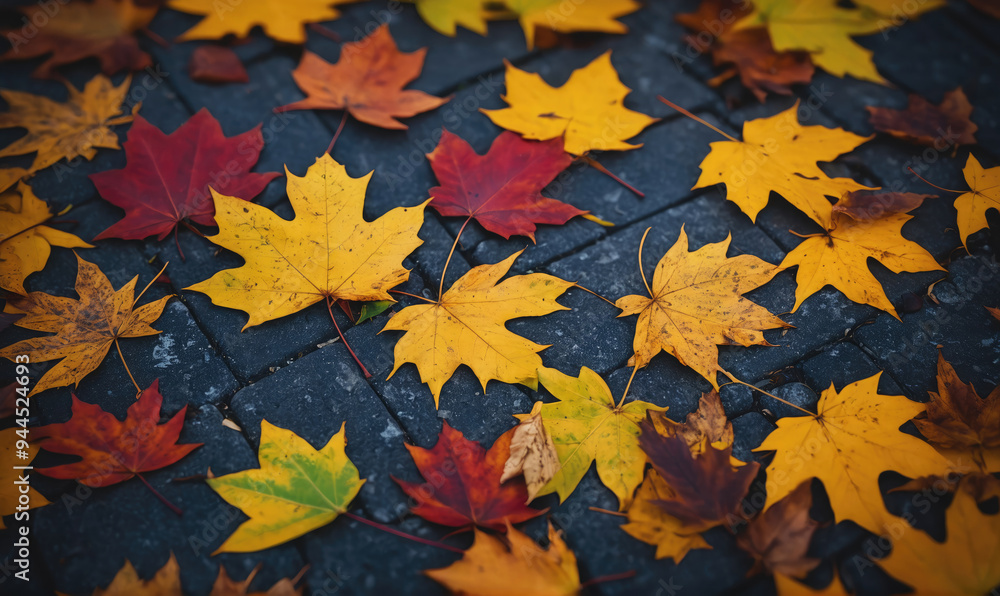 Fototapeta premium Autumn leaves of yellow, red, and orange fall on a stone path
