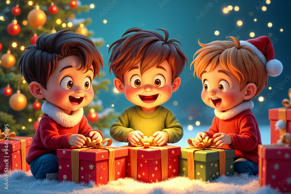 Three animated boys sitting on a snowy ground, each holding a colorful gift box, and smiling. They are surrounded by Christmas decorations, including gift boxes. Three animated boys sitting on a snowy ground, each holding a colorful gift box, and smiling. They are surrounded by Christmas decorations, including gift boxes.