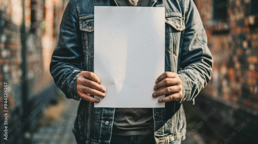 Man in denim jacket holding a blank paper sheet. Man in denim jacket holding a blank paper sheet.
