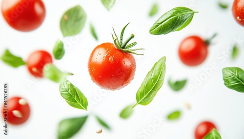fresh slised tomatos and leaves falling on white background