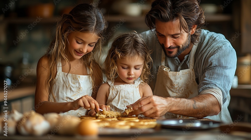 Young nuclear family making pancakes together. Parents and children in kitchen, preparing pancake batter, spending weekend day indoors. Young nuclear family making pancakes together. Parents and children in kitchen, preparing pancake batter, spending weekend day indoors.