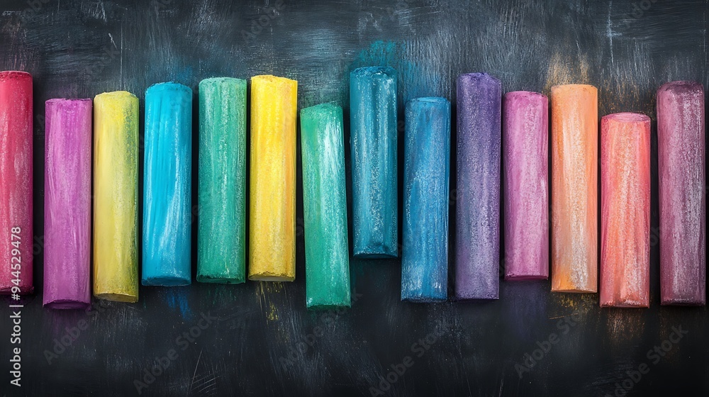 A row of colorful chalk sticks on a black chalkboard. A row of colorful chalk sticks on a black chalkboard.