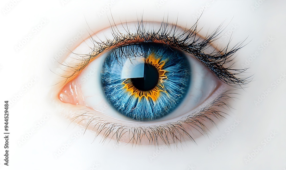 Extreme close-up of a blue eye with intricate details of the iris, eyelashes, and surrounding skin. The image captures the vibrant patterns and colors within the iris, highlighting the eye's natural Extreme close-up of a blue eye with intricate details of the iris, eyelashes, and surrounding skin. The image captures the vibrant patterns and colors within the iris, highlighting the eye's natural