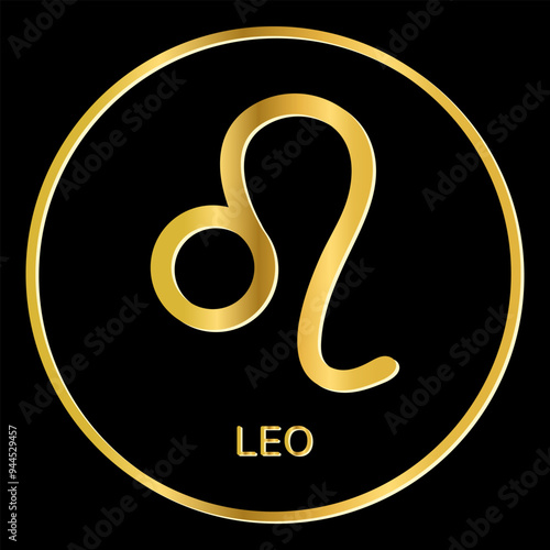 Leo zodiac sign icon. Golden glitter symbol isolated on black background.  Astrological, zodiacal horoscope. Tattoo image,  logo. Vector illustration.