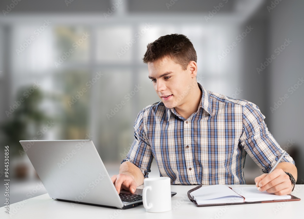 Man caucasian work on laptop computer Man caucasian work on laptop computer