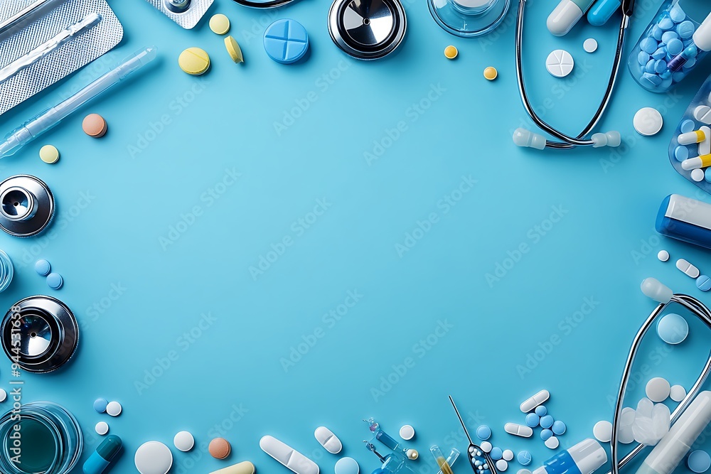 Fototapeta premium Top view with copy space of medical equipment, stethoscope, syringes, pills, and scissors on edge on light blue banner background design 