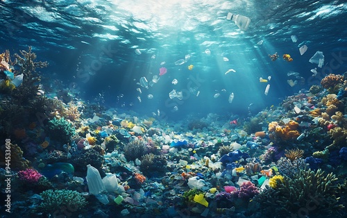 Fototapeta Naklejka Na Ścianę i Meble -  A vibrant coral reef is covered in plastic waste, highlighting the impact of pollution on marine ecosystems.